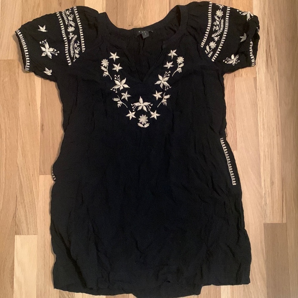 𝅺forever 21 XXI Short Sleeve Embroidered Tunic w/ Pockets Black/Cream Women’s S